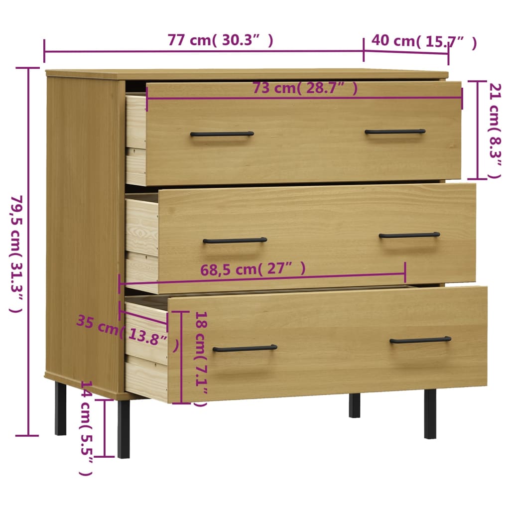 vidaXL Sideboard with 3 Drawers Brown 30.3"x15.7"x31.3" Solid Wood OSLO