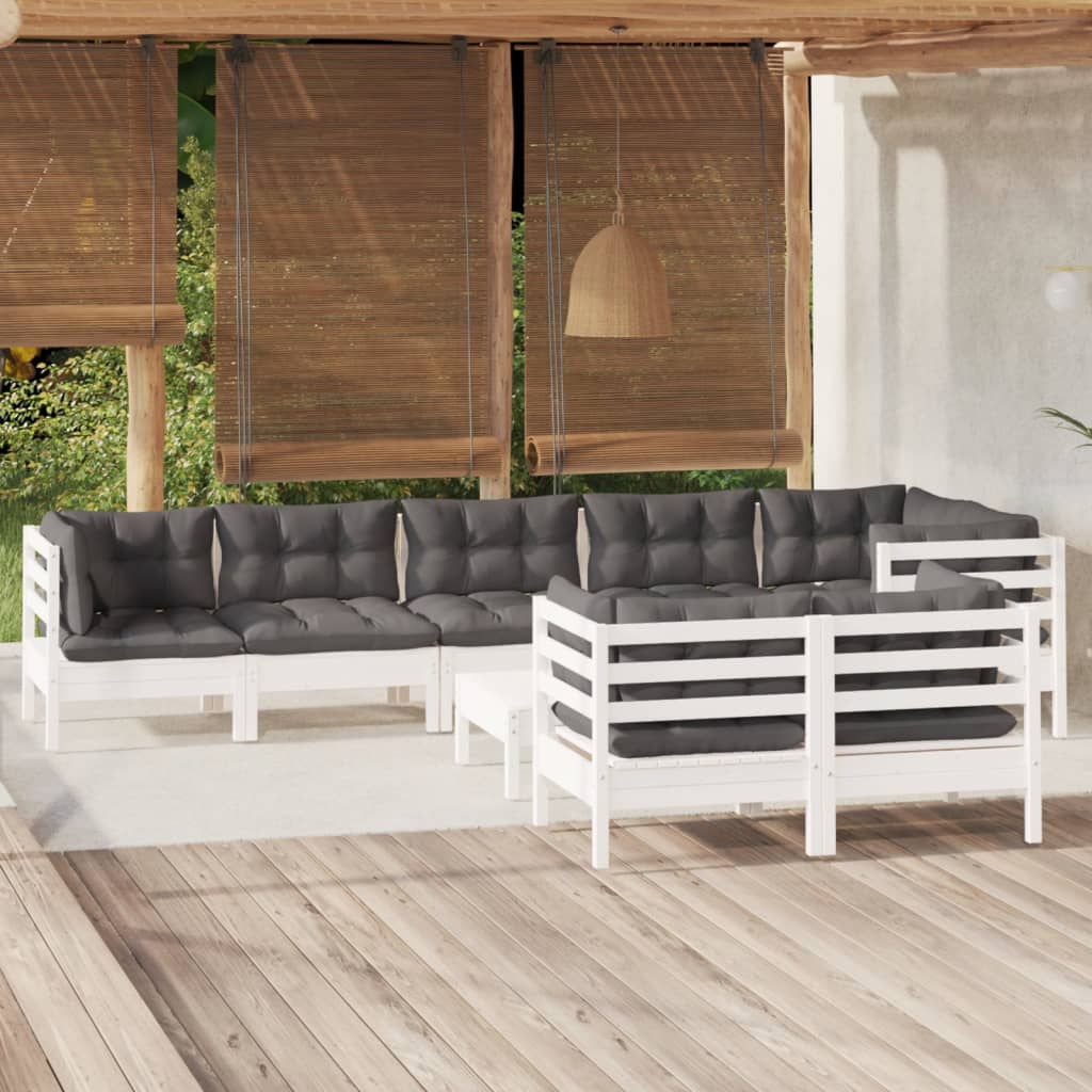 vidaXL 9 Piece Patio Lounge Set with Cushions White Solid Pinewood