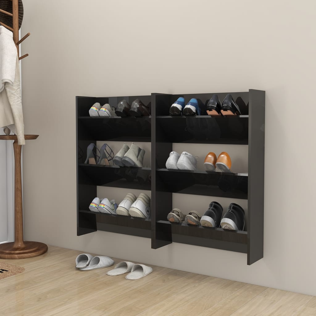 vidaXL Wall Shoe Cabinets 2 pcs High Gloss Black 23.6"x7.1"x35.4" Engineered Wood