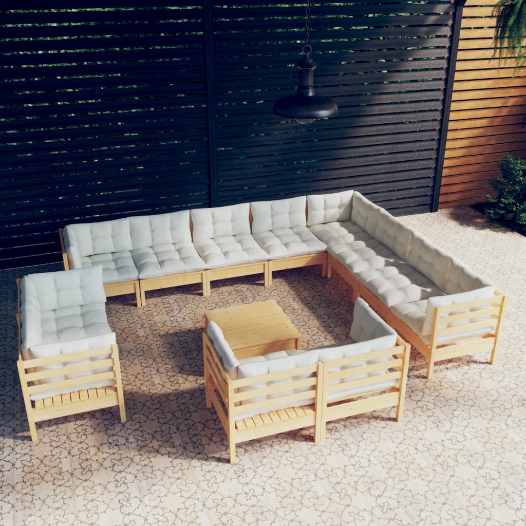 vidaXL 13 Piece Patio Lounge Set with Cream Cushions Solid Pinewood