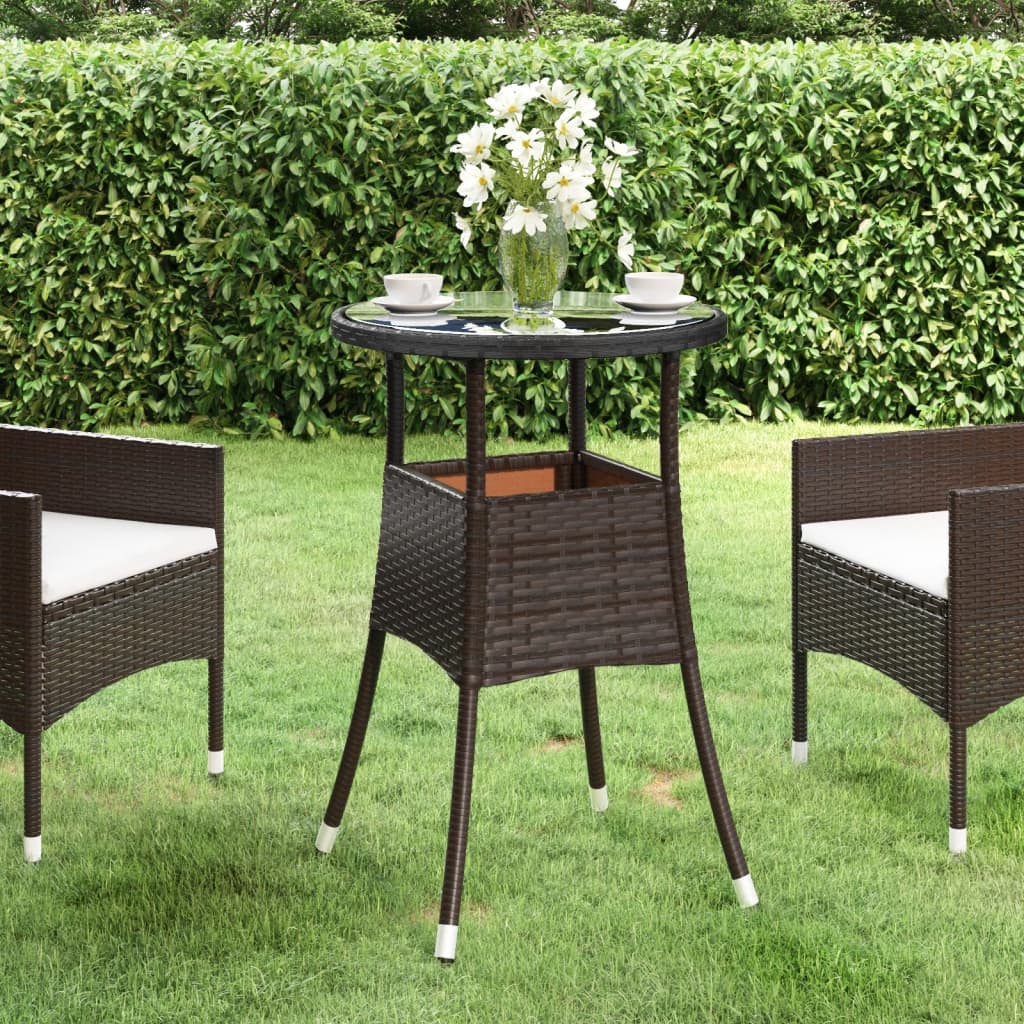 vidaXL Patio Table Ø23.6"x29.5" Tempered Glass and Poly Rattan Brown