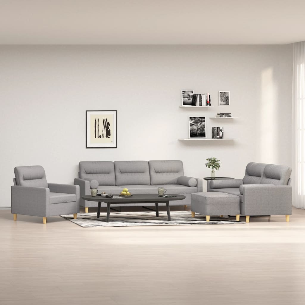 vidaXL 4 Piece Sofa Set with Throw Pillows&Cushions Light Gray Fabric