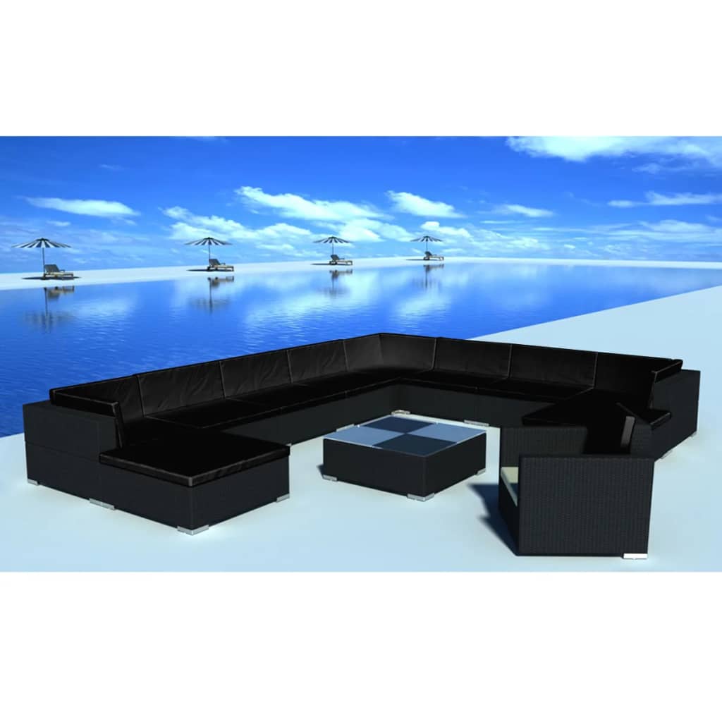 vidaXL 12 Piece Patio Lounge Set with Cushions Poly Rattan Black