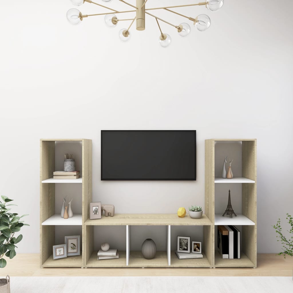 vidaXL TV Stands 3 pcs White and Sonoma Oak 42.1"x13.8"x14.6" Engineered Wood