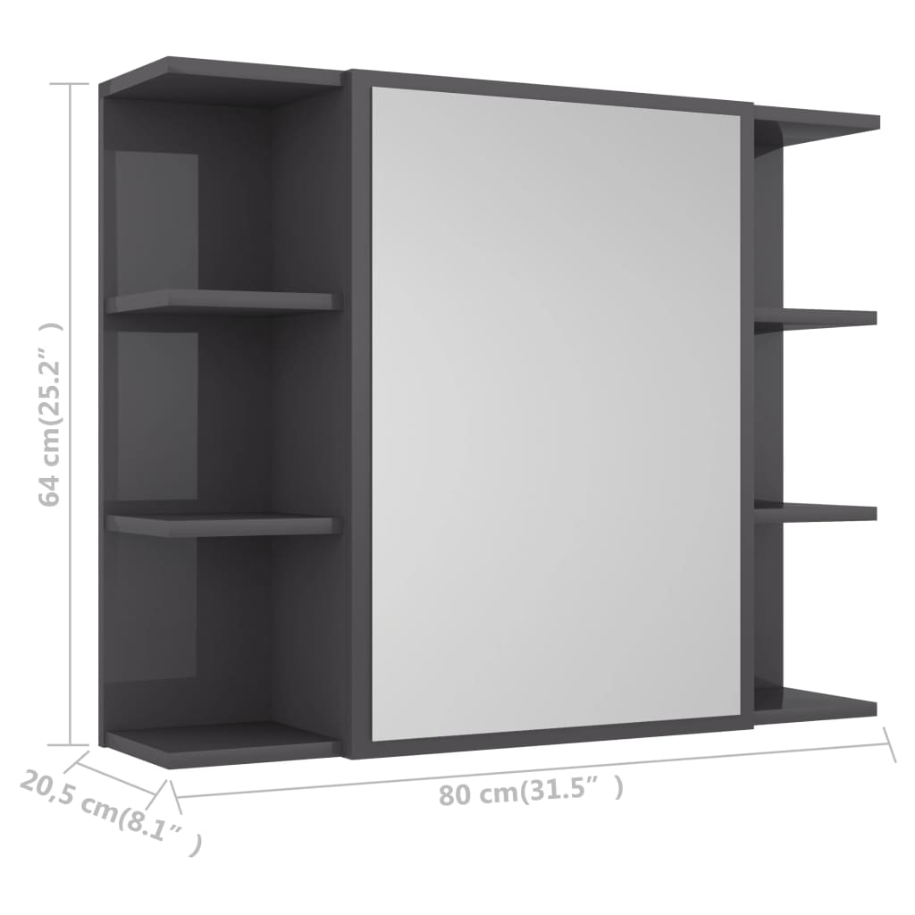 vidaXL Bathroom Mirror Cabinet High Gloss Gray 31.5"x8.1"x25.2" Engineered Wood
