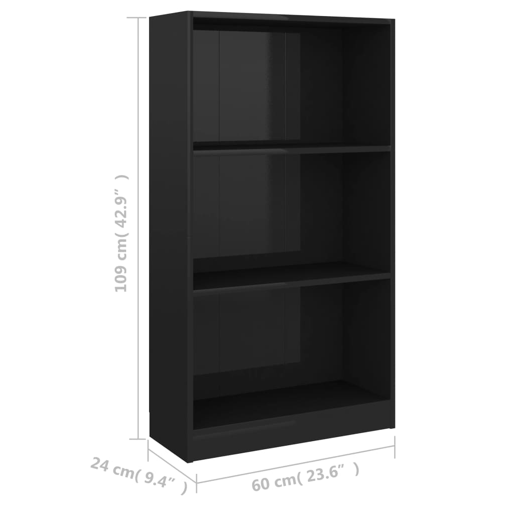 vidaXL 3-Tier Book Cabinet High Gloss Black 23.6"x9.4"x42.9" Engineered Wood