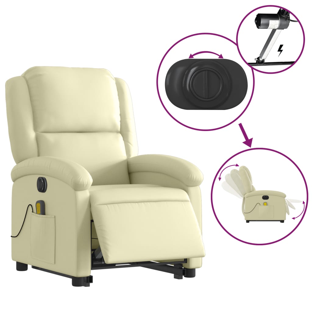 vidaXL Electric Stand up Massage Recliner Chair Cream Real Leather