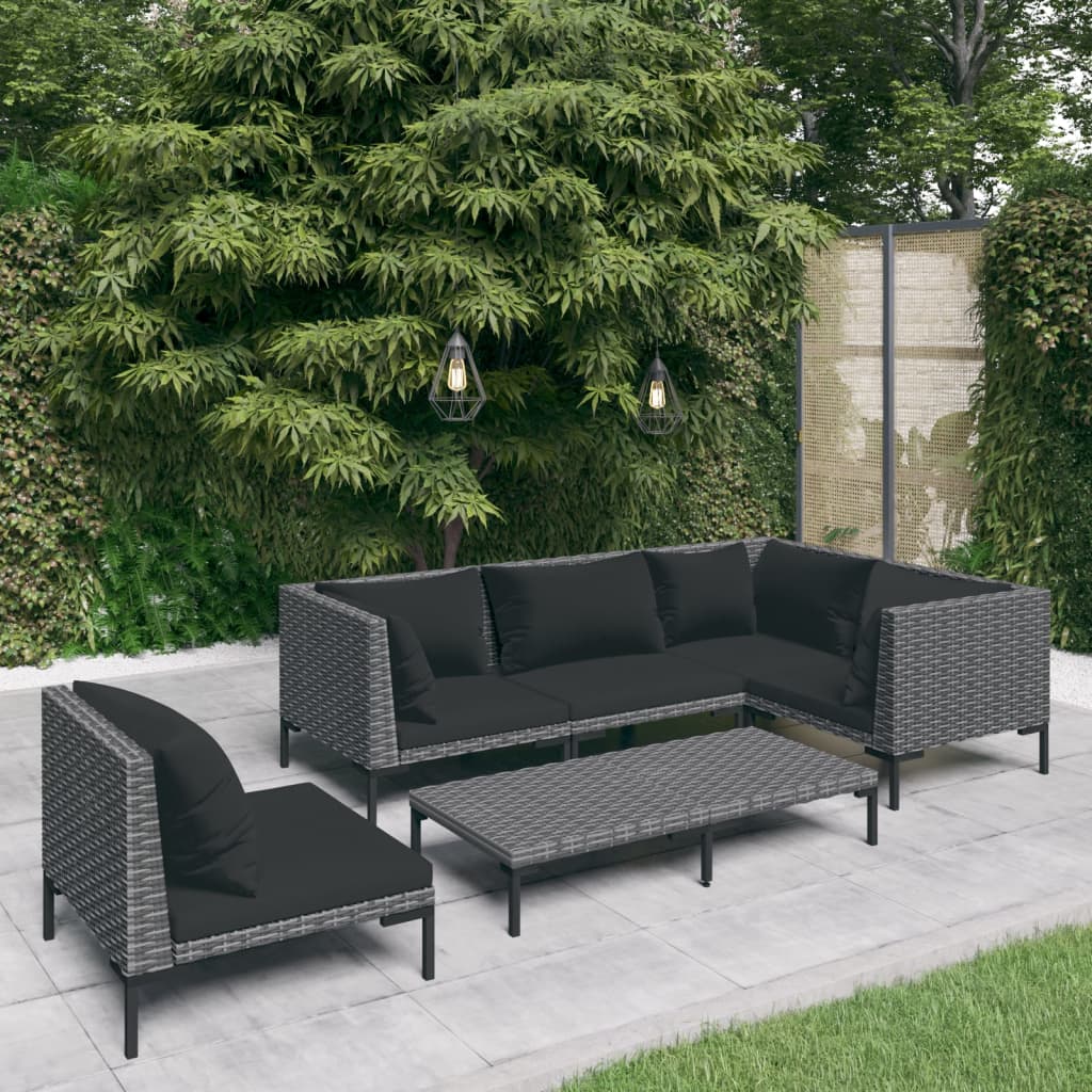 vidaXL 6 Piece Patio Lounge Set with Cushions Poly Rattan Dark Gray