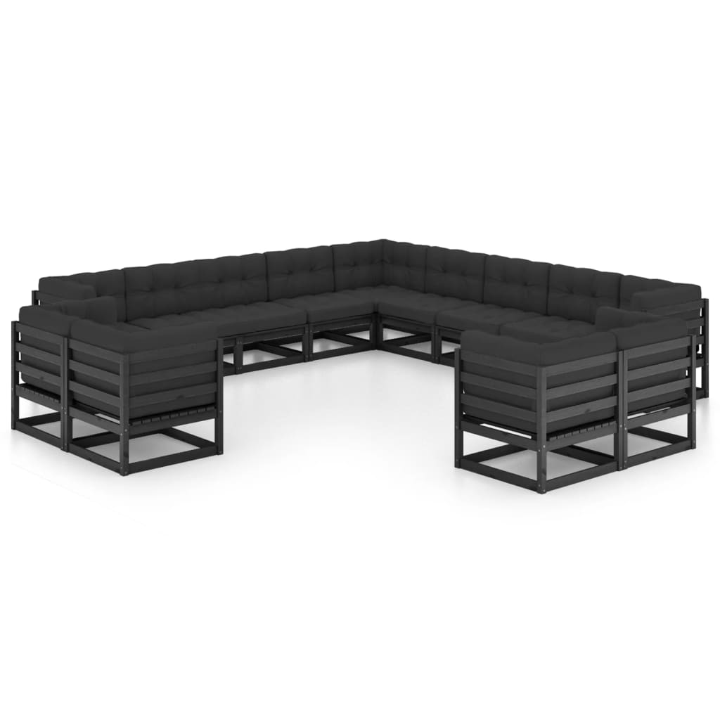 vidaXL 13 Piece Patio Lounge Set with Cushions Black Solid Pinewood