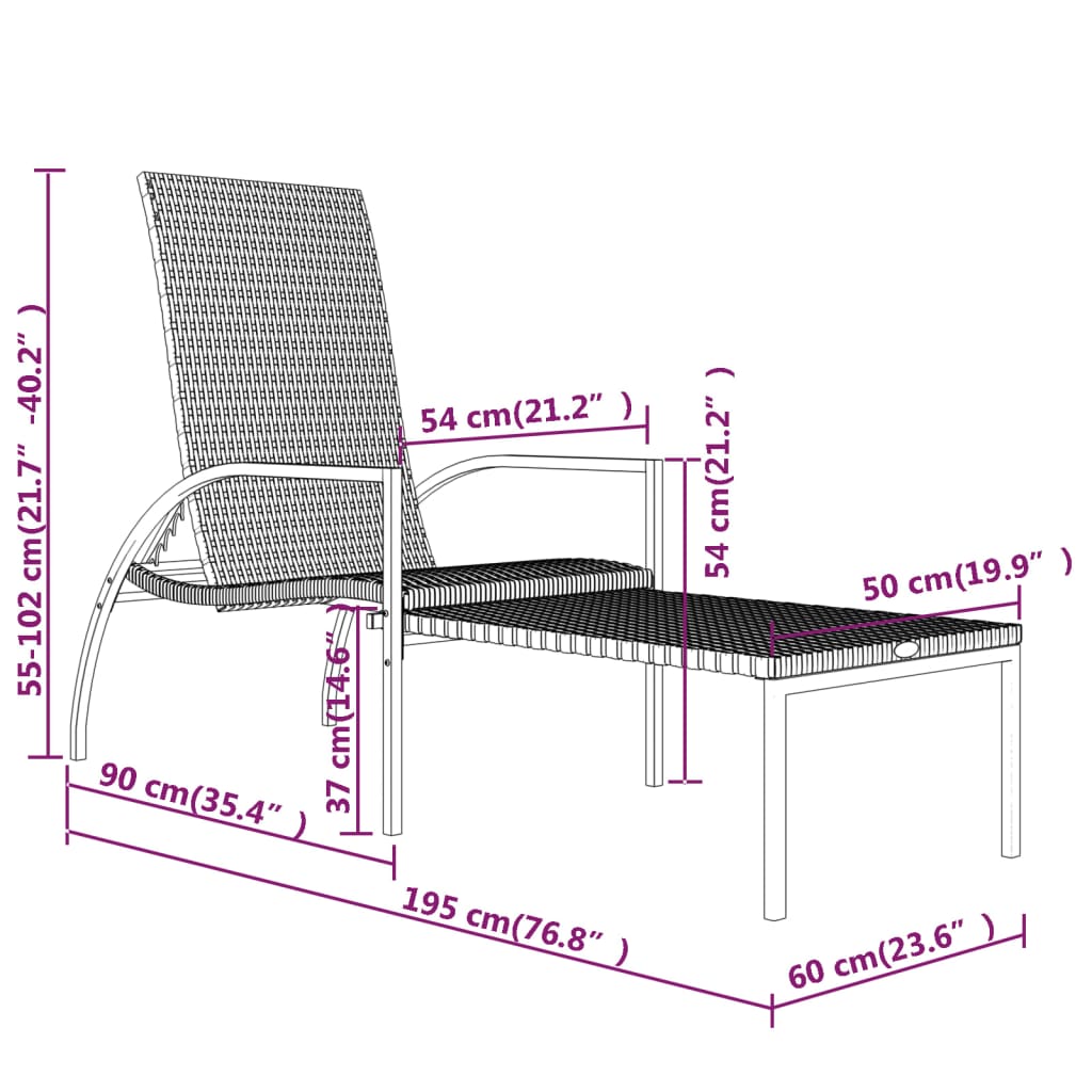 vidaXL Sun Lounger with Footrest PE Rattan Black