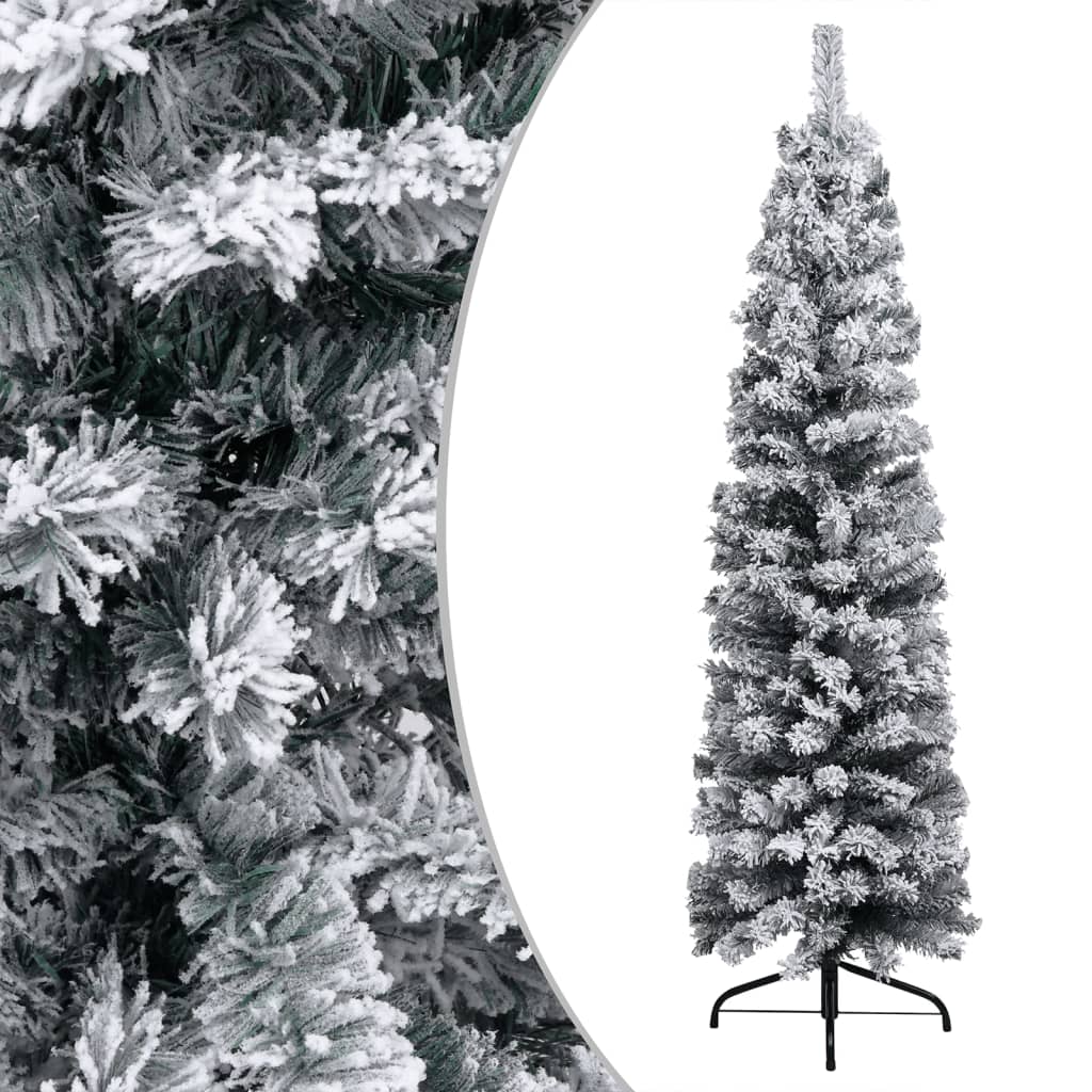 vidaXL Slim Pre-lit Christmas Tree with Flocked Snow Green 94.5" PVC