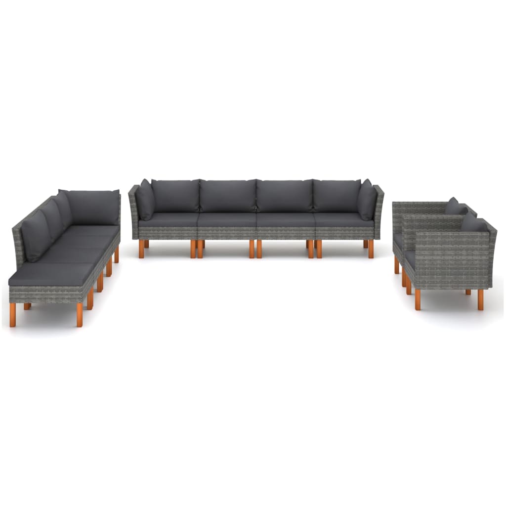 vidaXL 10 Piece Patio Lounge Set Poly Rattan and Eucalyptus Wood Gray