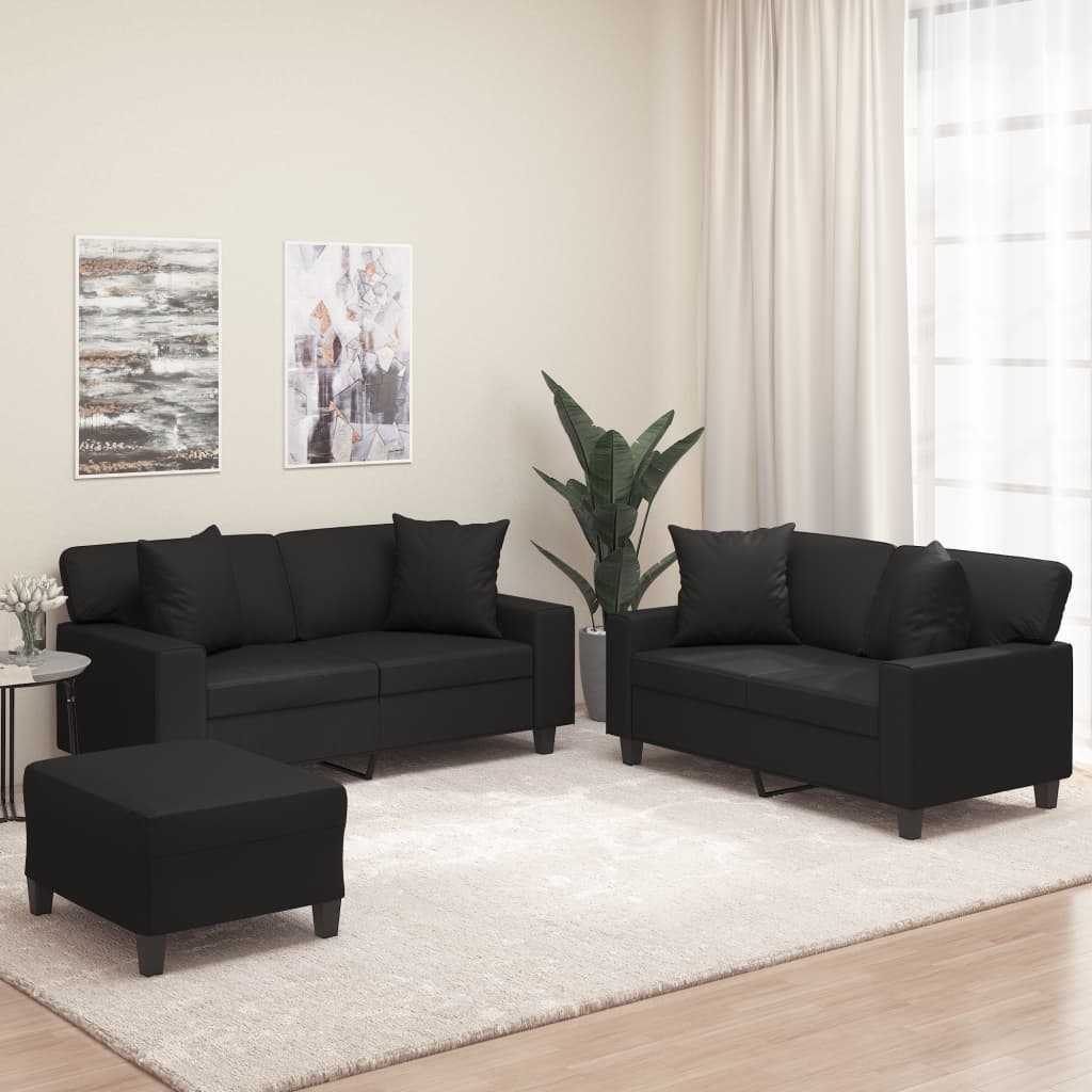 vidaXL 3 Piece Sofa Set with Pillows&Cushions Black Faux Leather