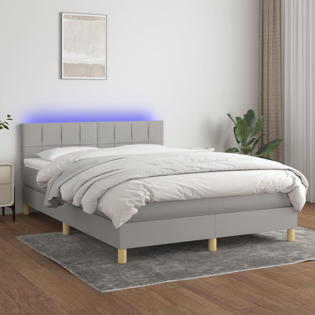 vidaXL Box Spring Bed with Mattress&LED Light Gray Full Fabric