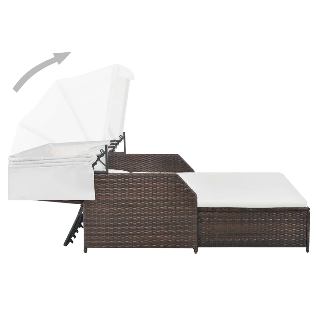 vidaXL 2-Person Sun Lounger with Canopy Poly Rattan Brown