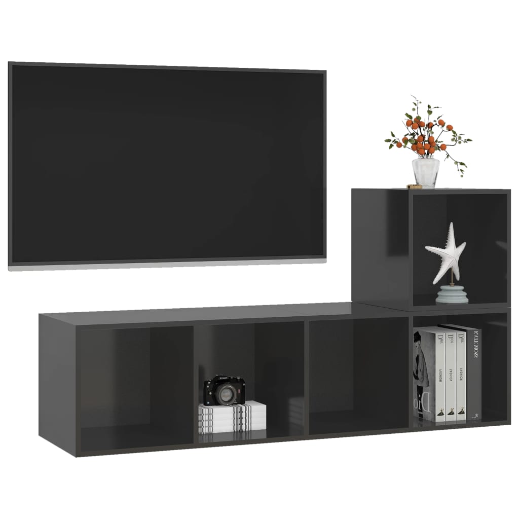 vidaXL 2 Piece TV Cabinet Set High Gloss Gray Engineered Wood