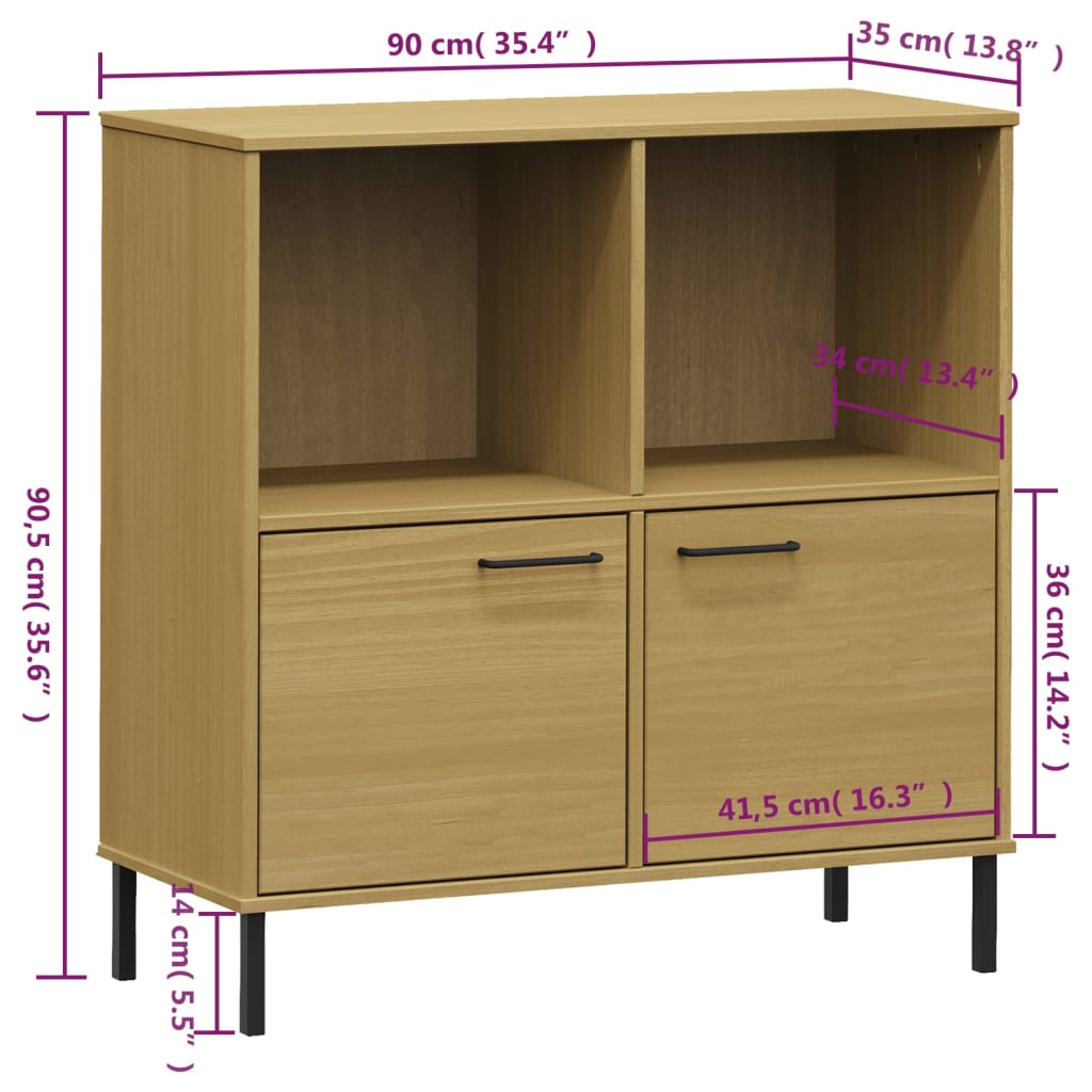 vidaXL Bookcase with Metal Legs Brown 35.4"x13.8"x35.6" Solid Wood OSLO