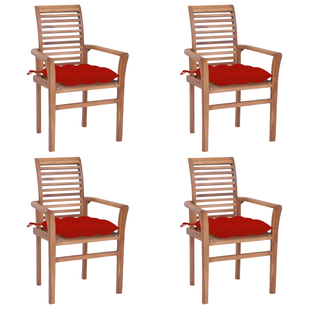 vidaXL Dining Chairs 4 pcs with Red Cushions Solid Teak Wood