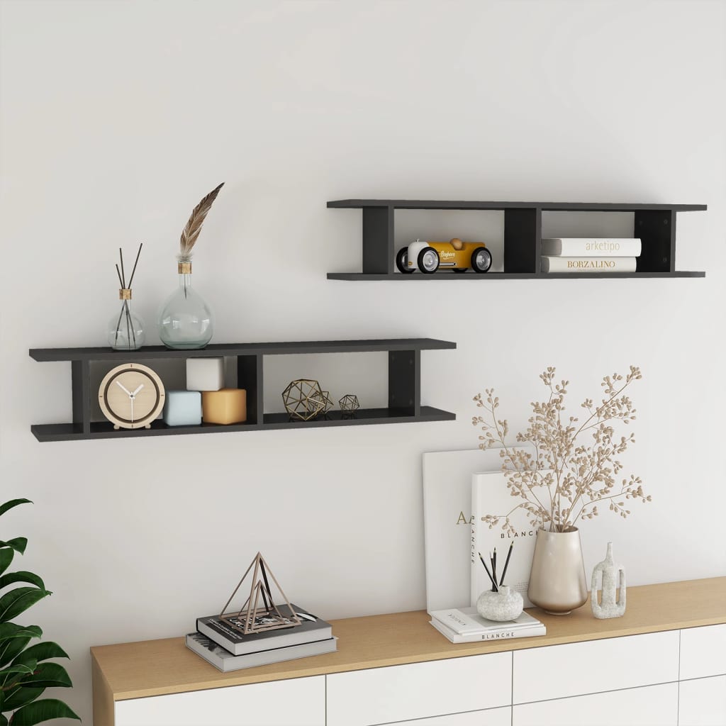 vidaXL Wall Shelves 2pcs High Gloss Gray 41.3"x7.1"x7.9" Engineered Wood