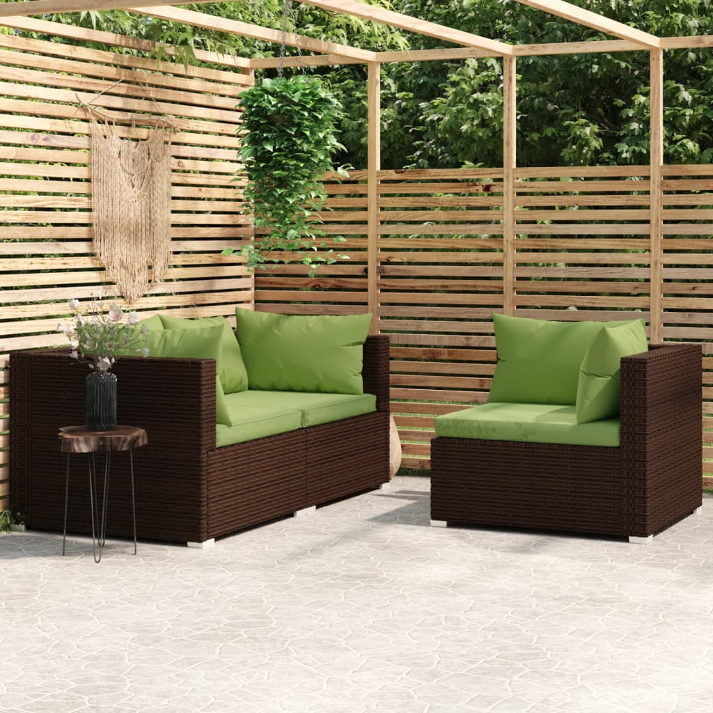 vidaXL 3 Piece Patio Lounge Set with Cushions Brown Poly Rattan