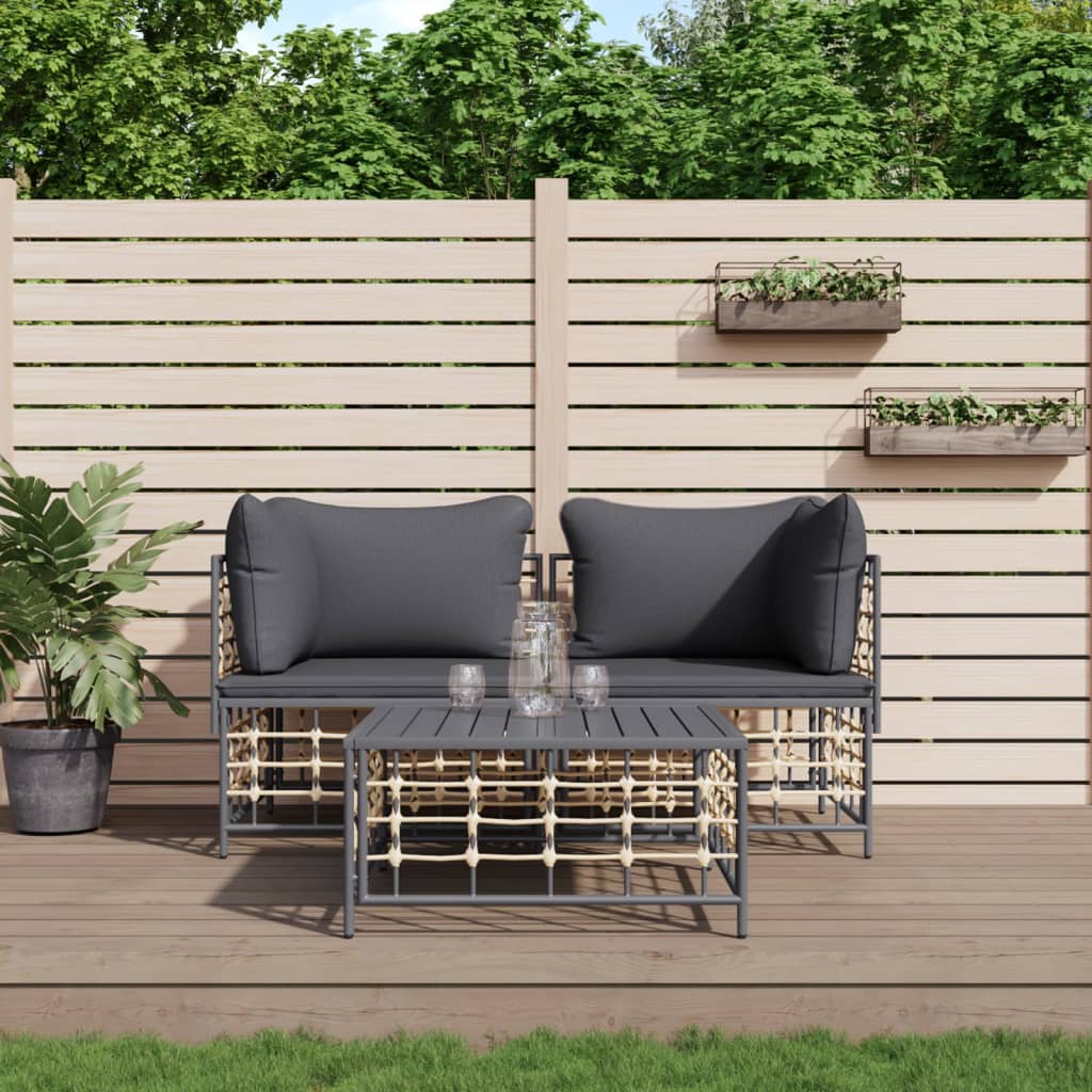 vidaXL 3 Piece Patio Lounge Set with Cushions Anthracite Poly Rattan