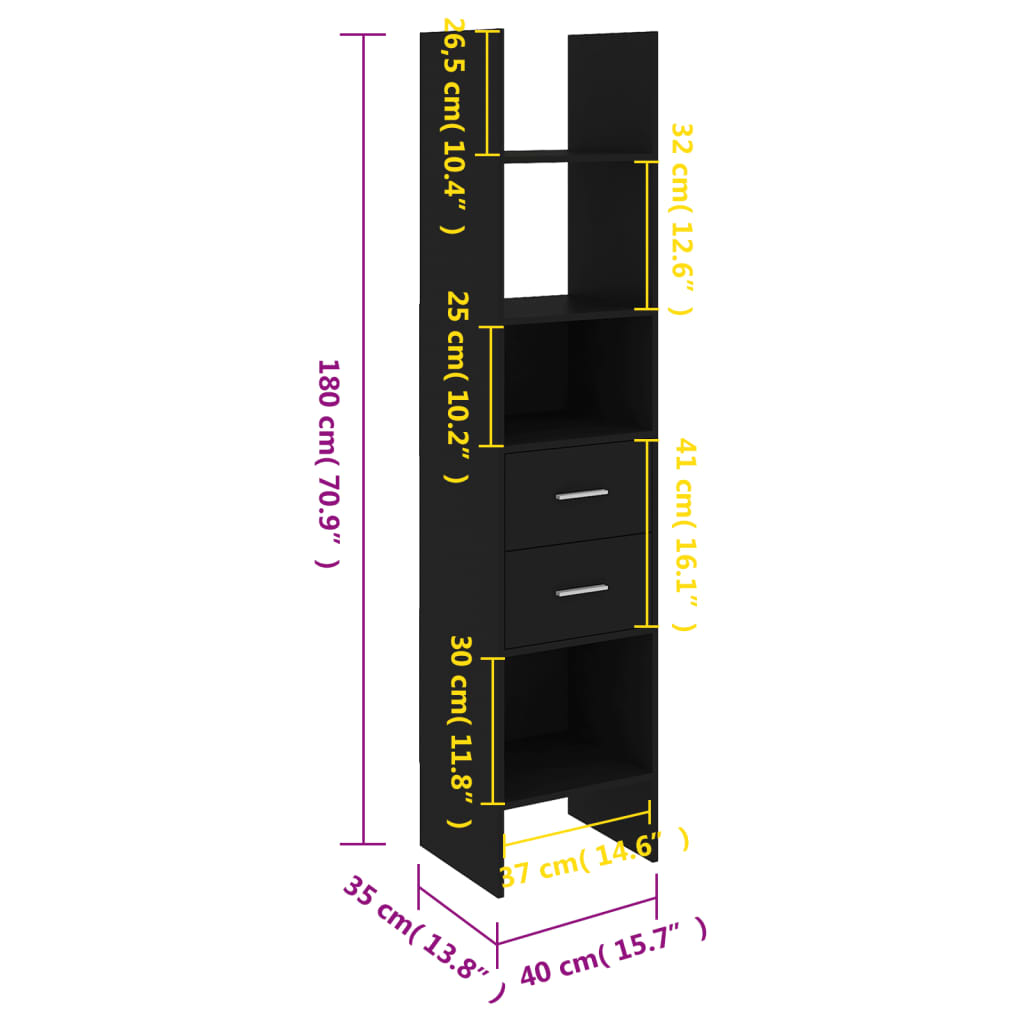 vidaXL Book Cabinet Black 15.7"x13.8"x70.9" Chipboard