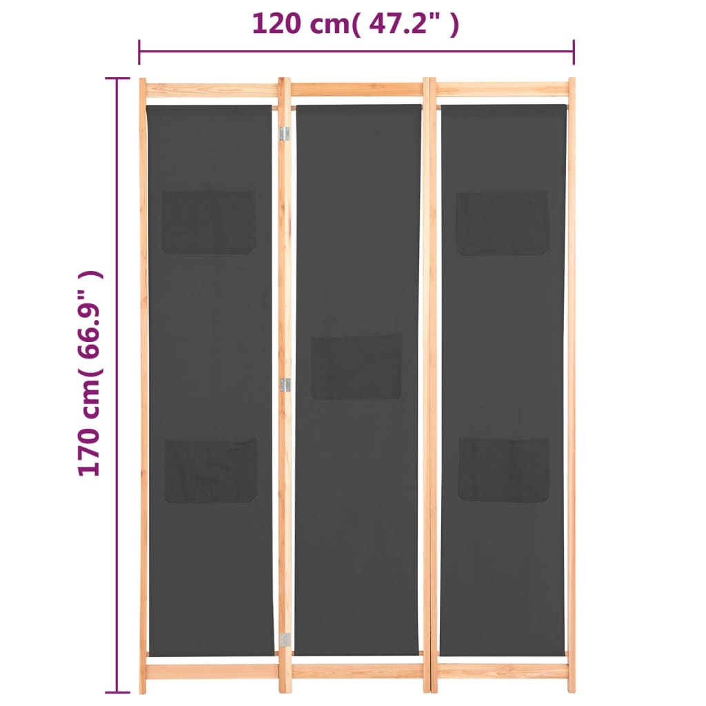 vidaXL 3-Panel Room Divider Gray 47.2"x66.9"x1.6" Fabric