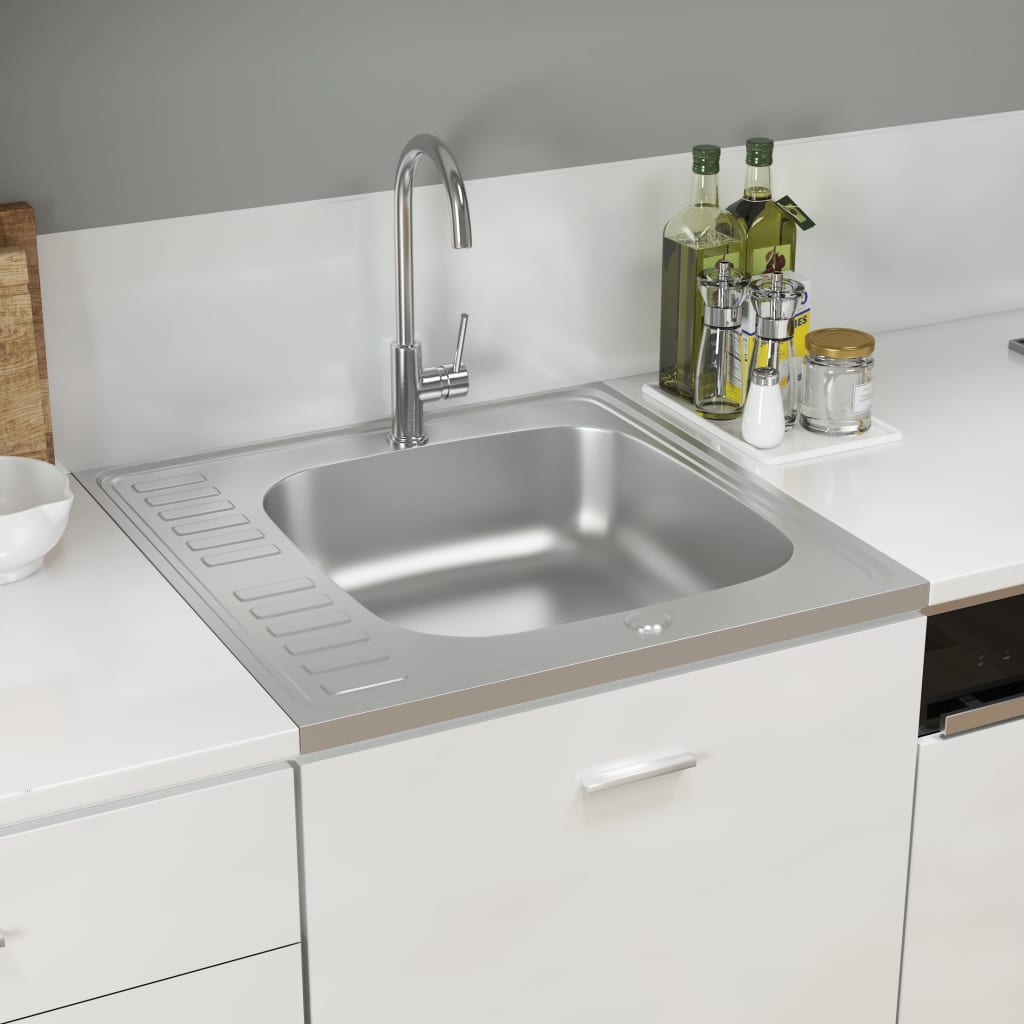 vidaXL Kitchen Sink with Drainer Set Silver 23.6"x23.6"x6.1" Stainless Steel