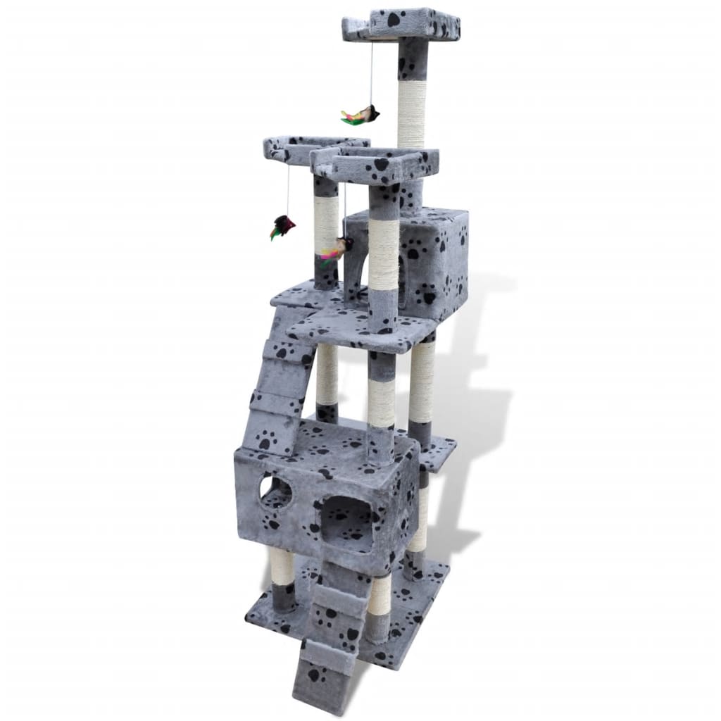 Cat Tree Scratching Post 67" 2 Condos Gray with Paw Prints