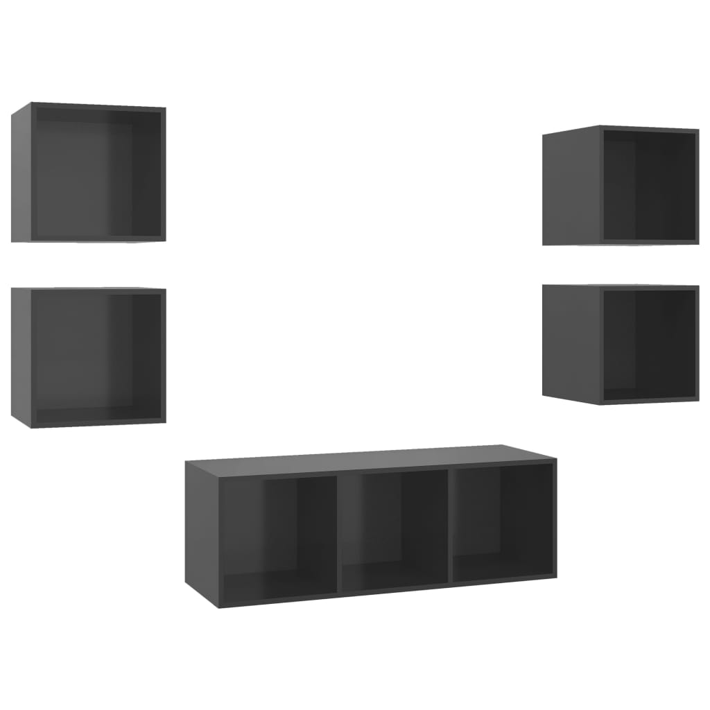 vidaXL 5 Piece TV Cabinet Set High Gloss Gray Engineered Wood