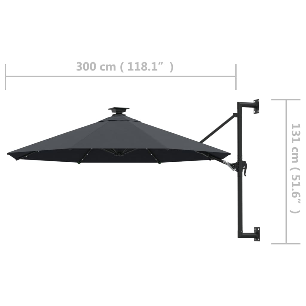 vidaXL Wall-mounted Parasol with LEDs and Metal Pole 118.1" Anthracite
