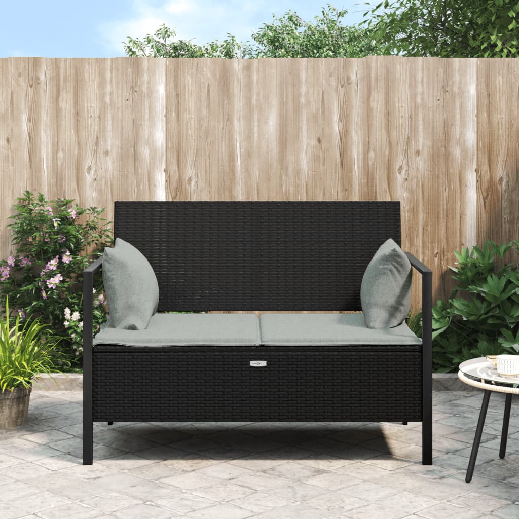 vidaXL 2-Seater Patio Bench with Cushions Black Poly Rattan