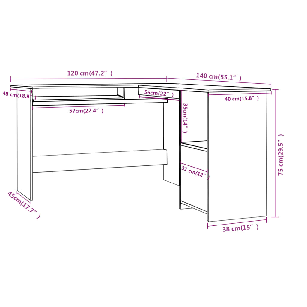 vidaXL L-Shaped Corner Desk High Gloss White 47.2" x 55.1" x 29.5" Engineered Wood