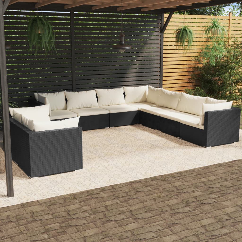 vidaXL 9 Piece Garden Lounge Set with Cushions Black Poly Rattan