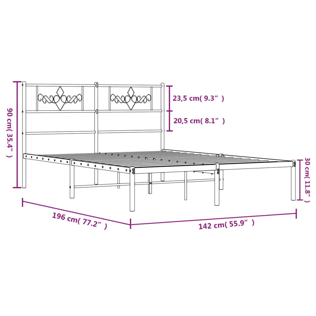 vidaXL Metal Bed Frame with Headboard White 53.1"x74.8"