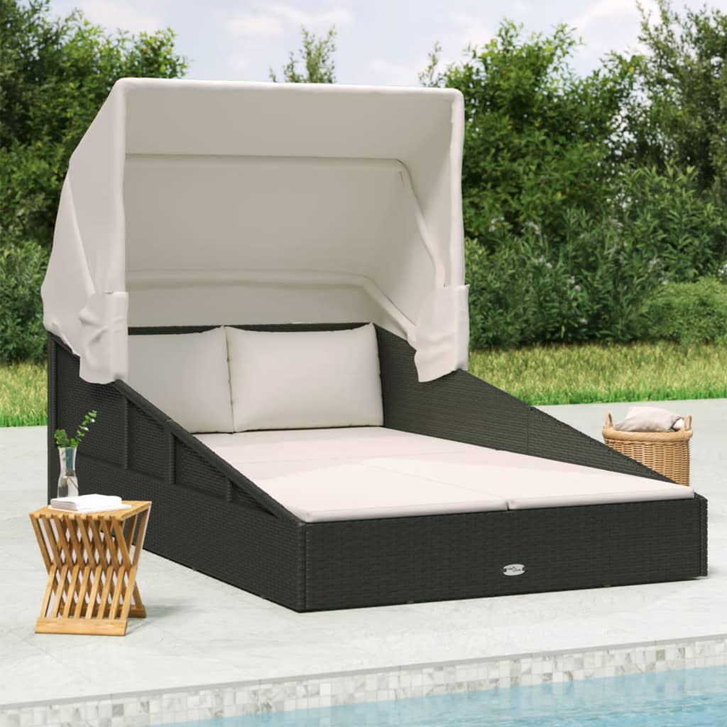 vidaXL Sunbed with Foldable Roof Black 78.7"x44.9"x50.4" Poly Rattan