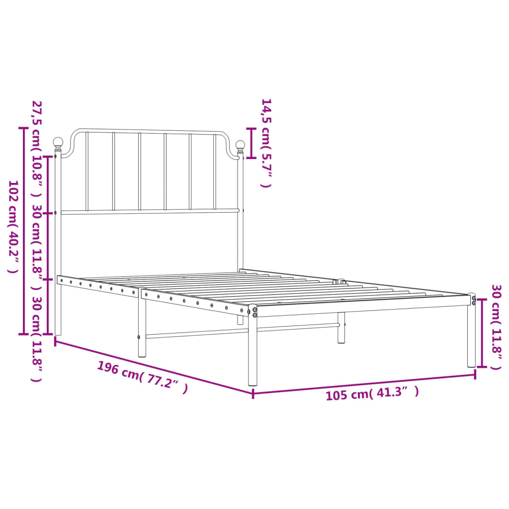 vidaXL Metal Bed Frame with Headboard Black 39.4"x74.8" Twin