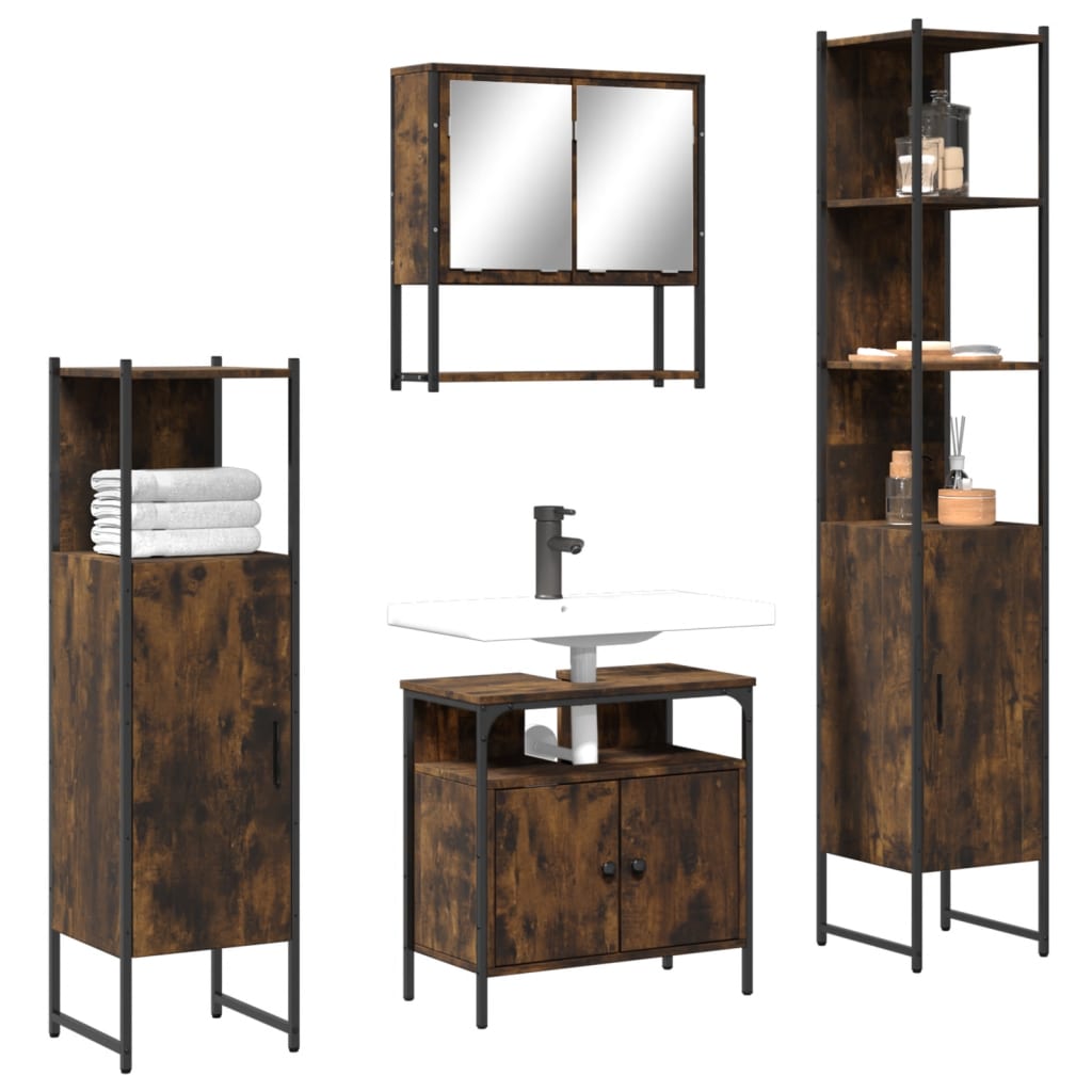 vidaXL 4 Piece Bathroom Furniture Set Smoked Oak Engineered Wood ...