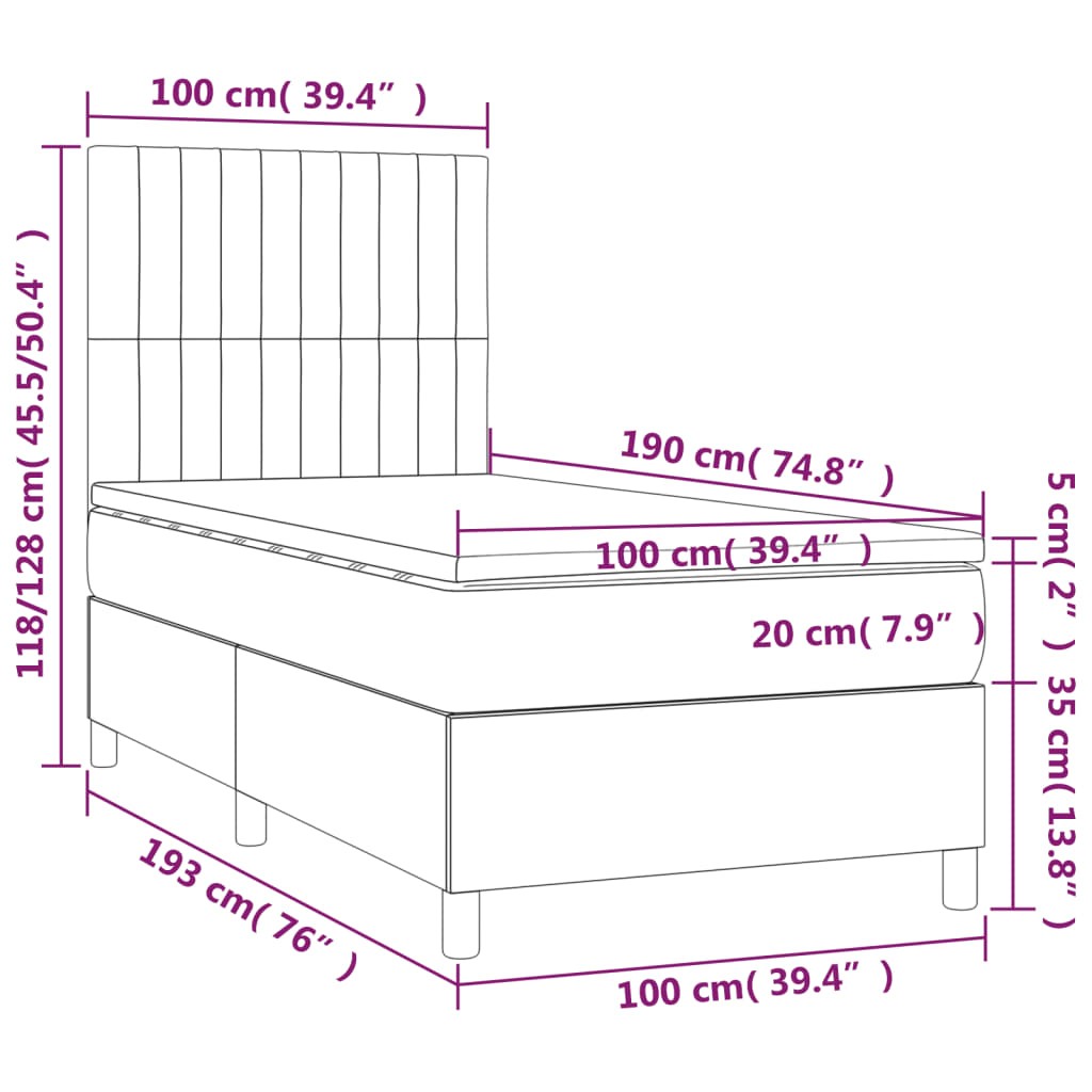 vidaXL Box Spring Bed with Mattress&LED Light Gray Twin Fabric