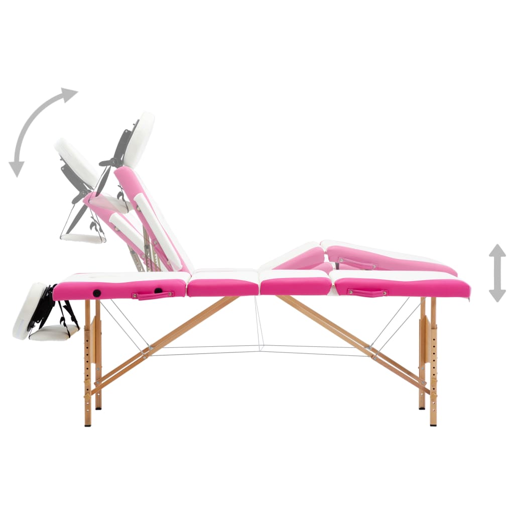 vidaXL Foldable Massage Table 4 Zones Wood White and Pink