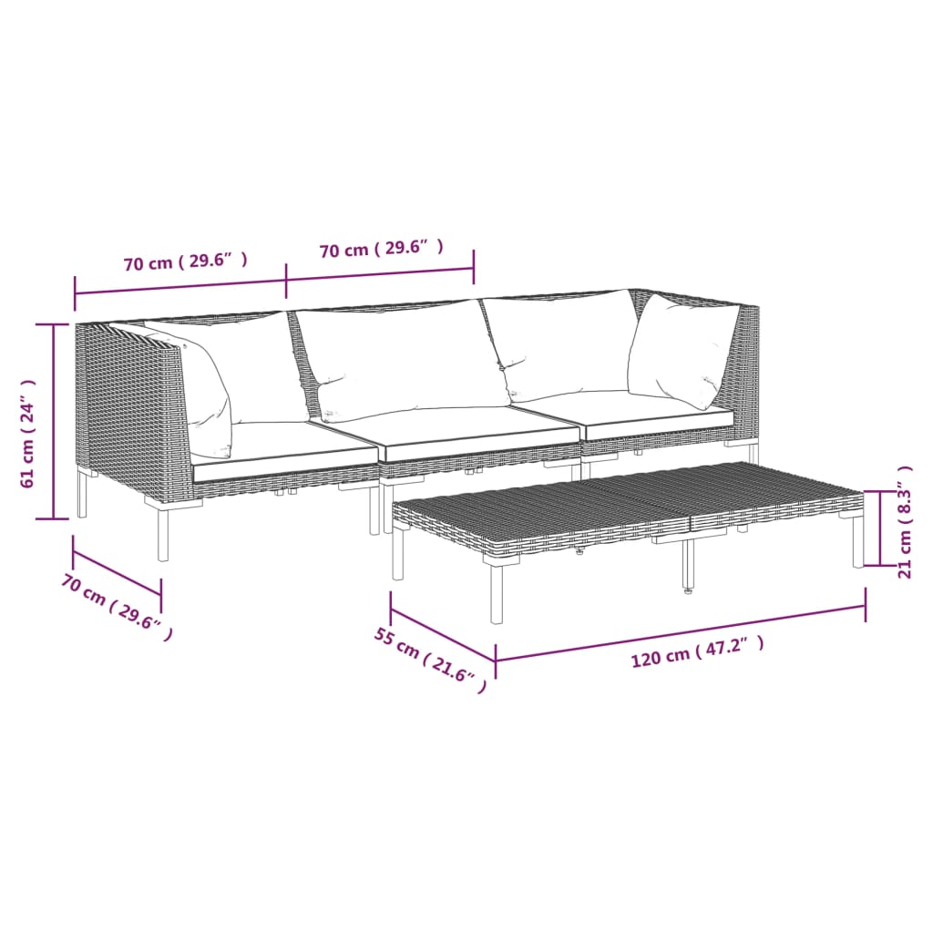 vidaXL 4 Piece Patio Lounge Set with Cushions Poly Rattan Dark Gray