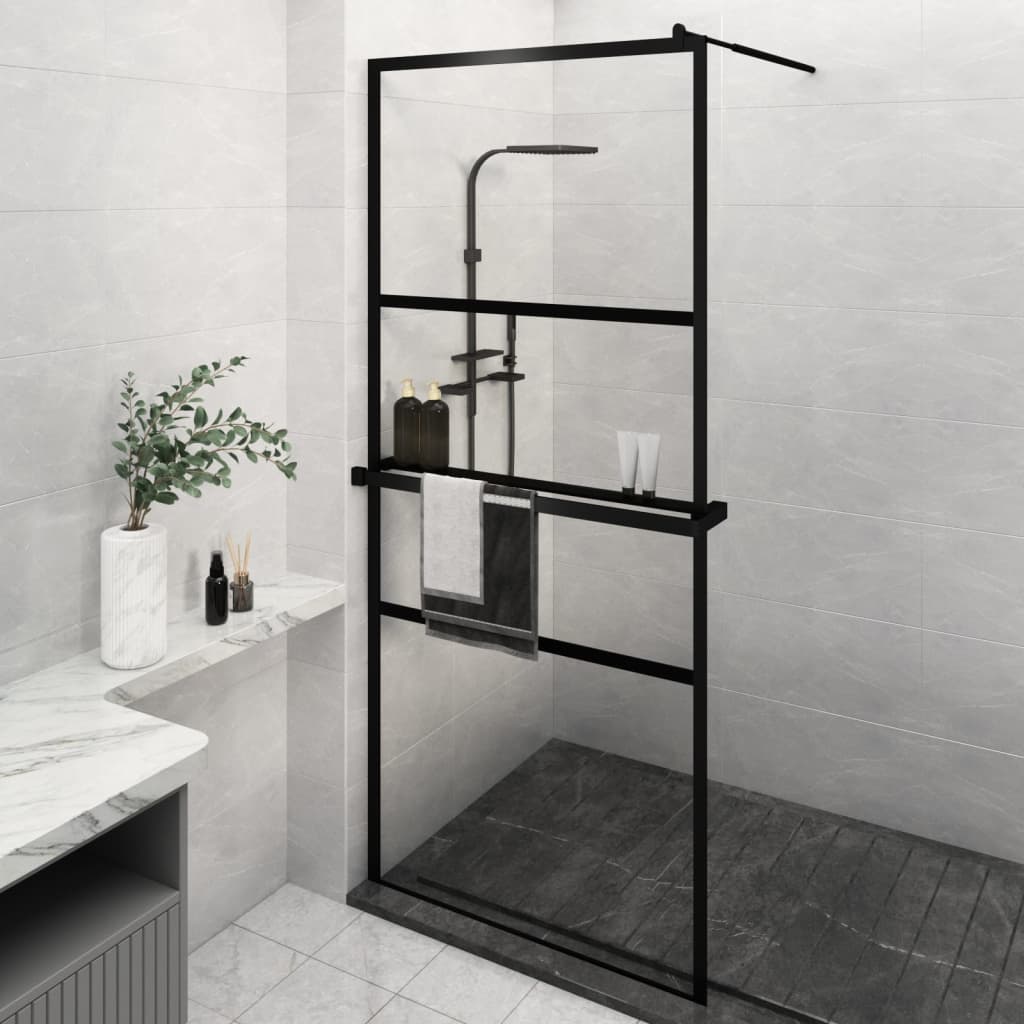 vidaXL Walk-in Shower Wall with Shelf Black 39.4"x76.8" ESG Glass&Aluminum