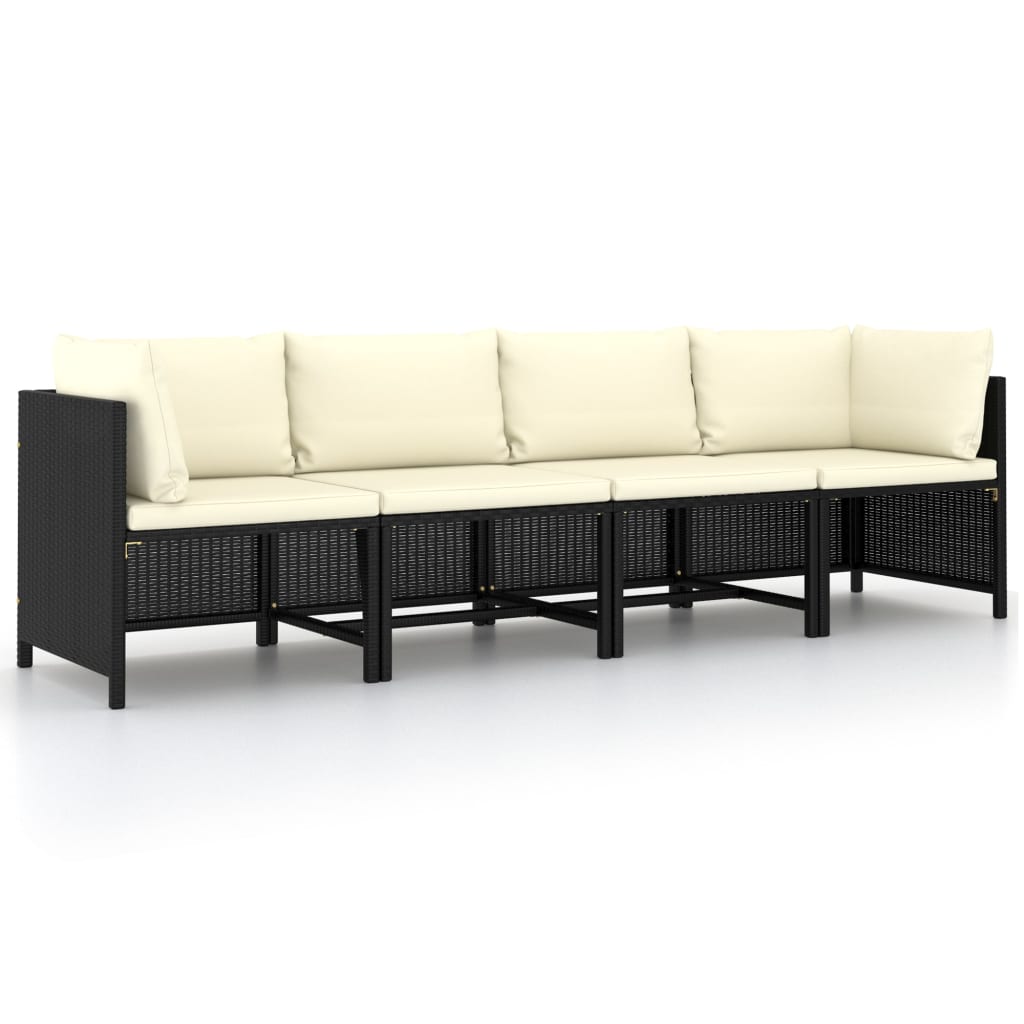 vidaXL 4-Seater Patio Sofa with Cushions Black Poly Rattan