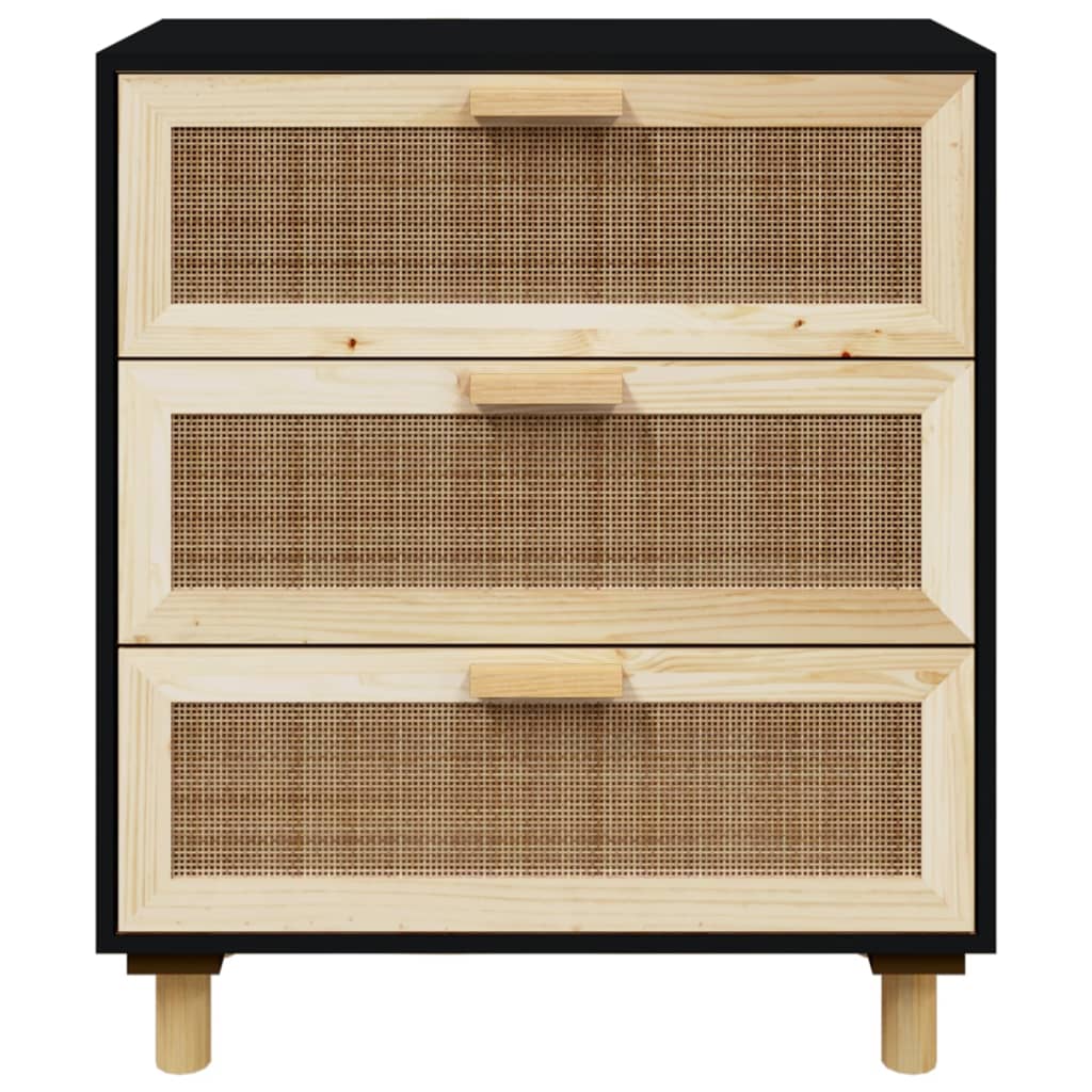 vidaXL Sideboard Black 23.6"x11.8"x27.6" Solid Wood Pine and Natural Rattan