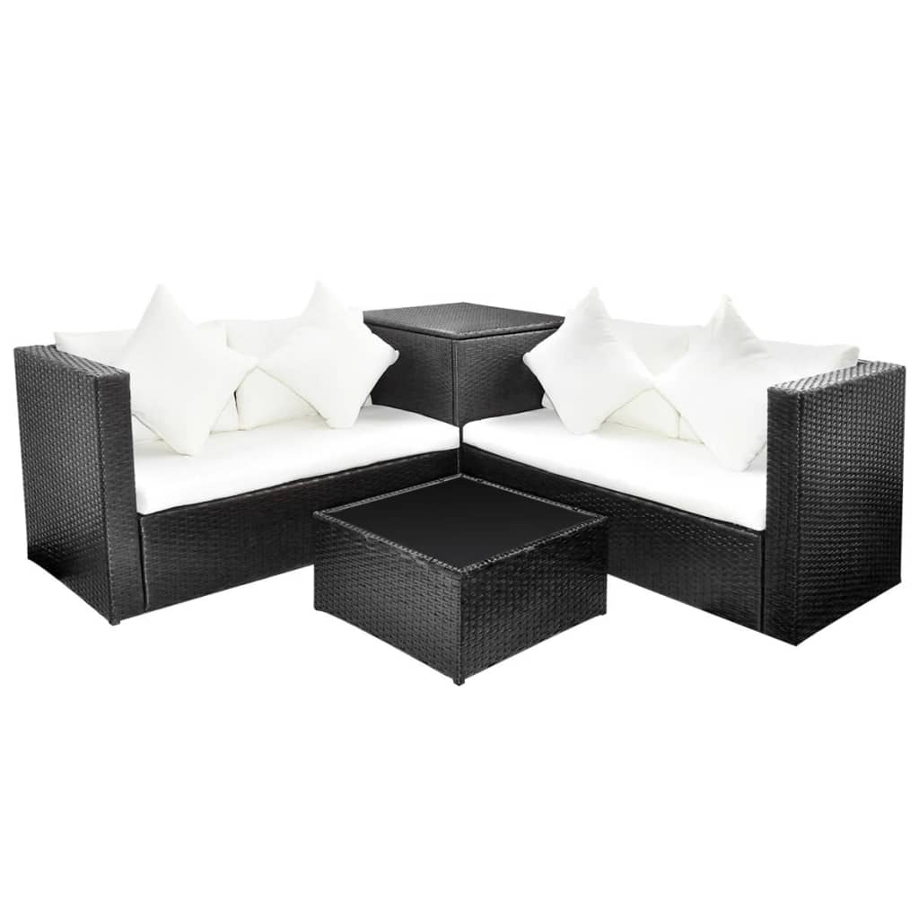 vidaXL 4 Piece Patio Lounge Set with Storage Chest Poly Rattan Black