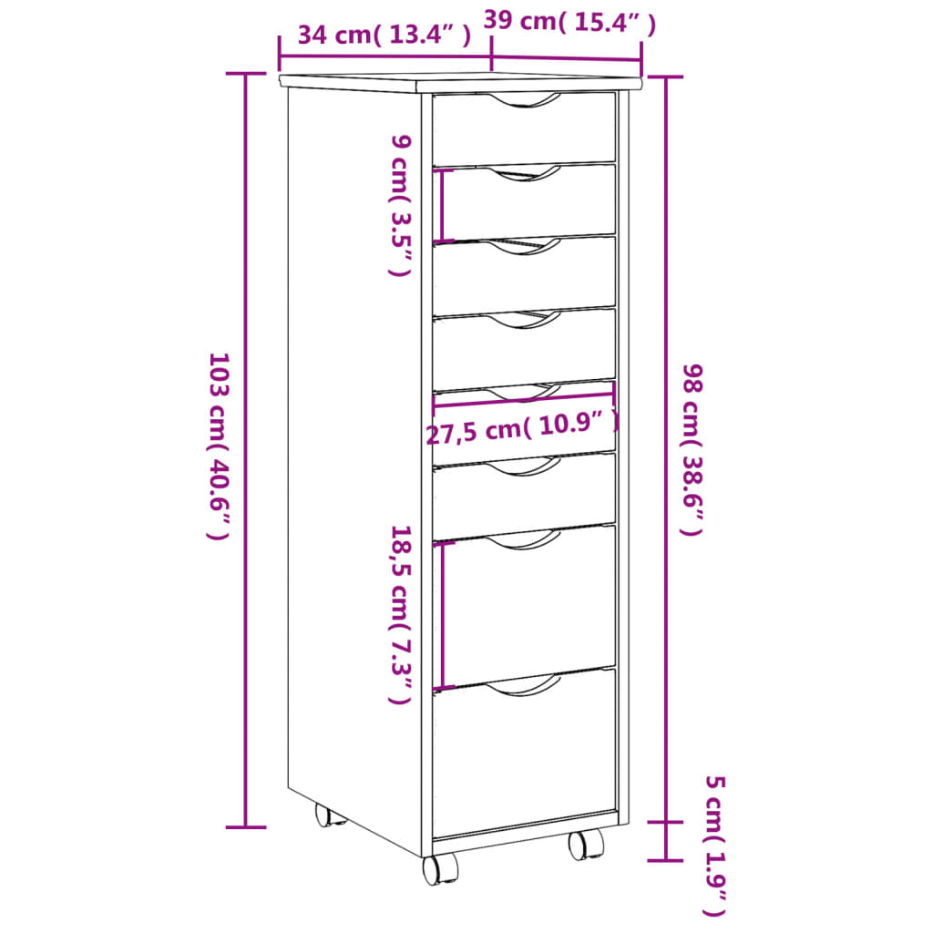 vidaXL Rolling Cabinet with Drawers MOSS White Solid Wood Pine