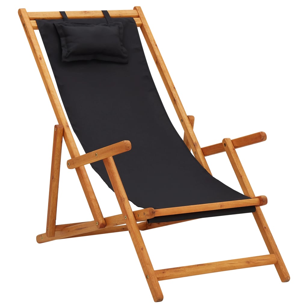 vidaXL Folding Beach Chair Solid Eucalyptus Wood and Fabric Black