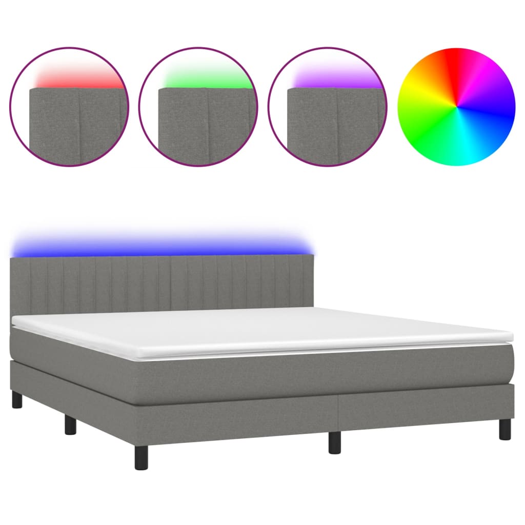 vidaXL Box Spring Bed with Mattress&LED Dark Gray Queen Fabric