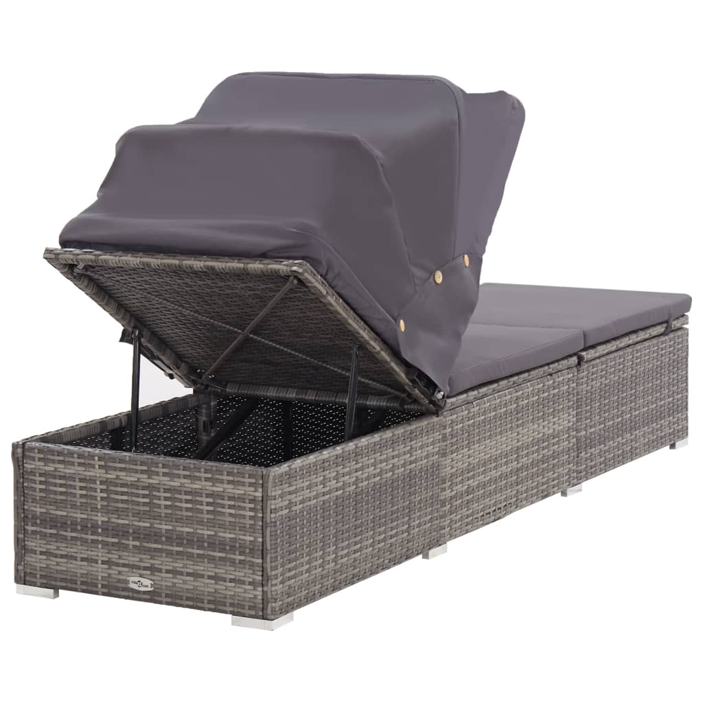 vidaXL Sun Lounger with Canopy and Cushion Poly Rattan Gray