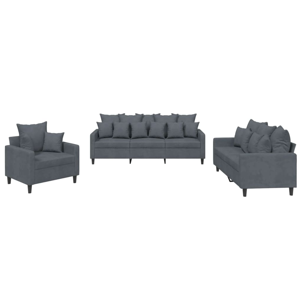 vidaXL 3 Piece Sofa Set with Cushions Dark Gray Velvet